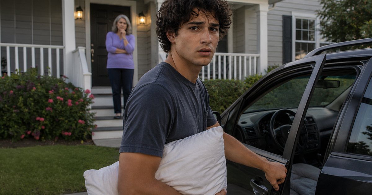 A young man taking a pillow into his car.