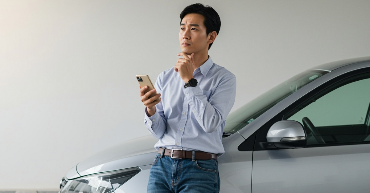 An Asian person, age 25–35, standing and leaning against a modern car