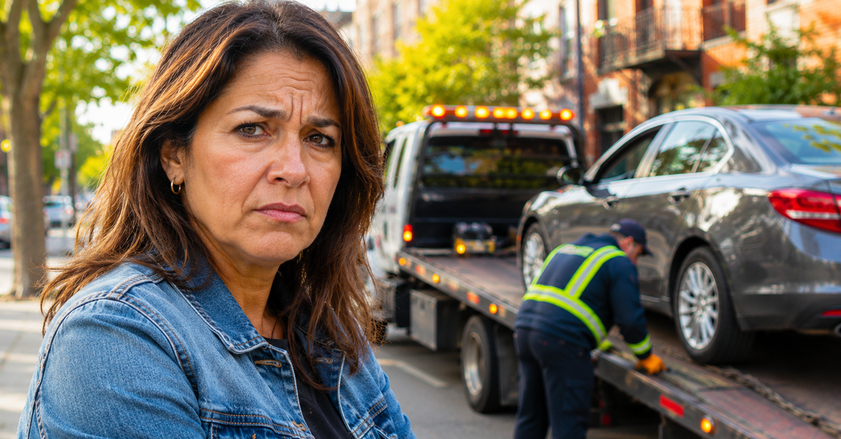 Woman standing in front of car being towed