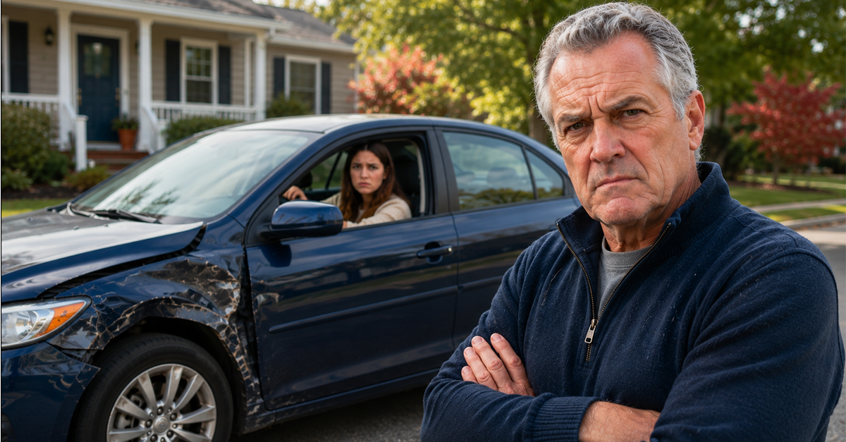 Frustrated father beside daughter’s crashed car in suburban neighborhood