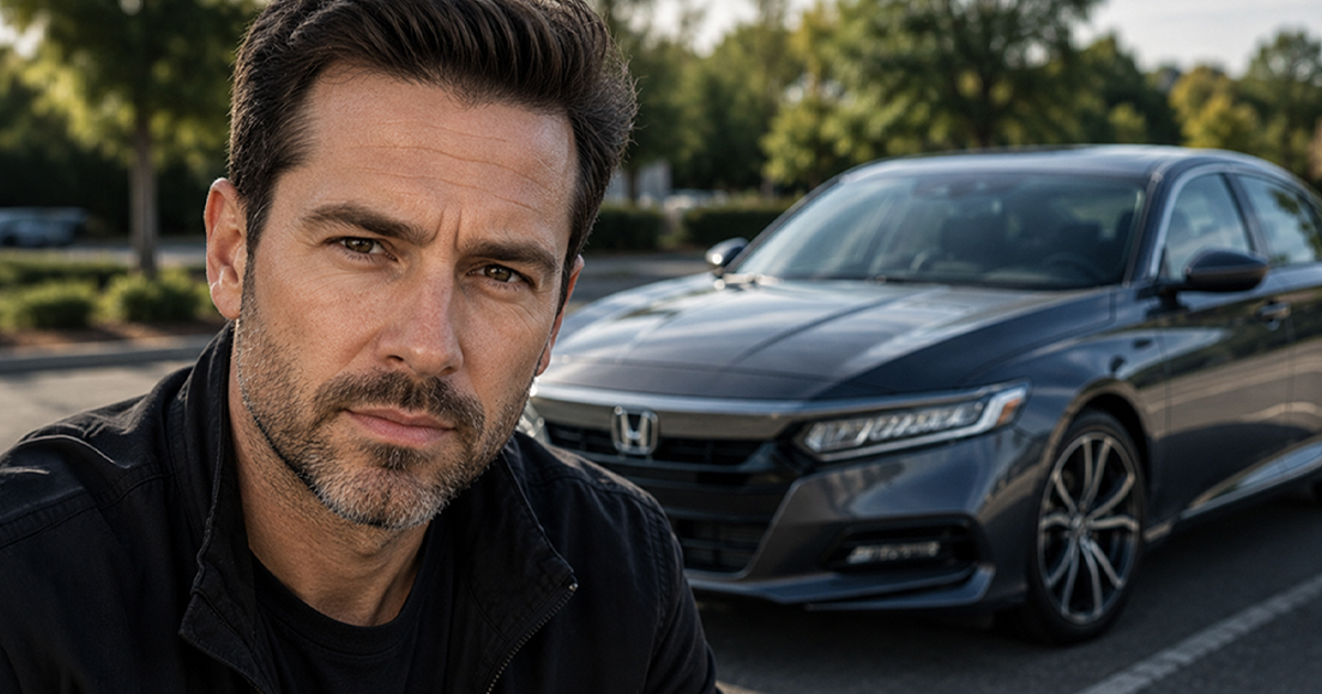 Man in black shirt in front of a sedan.