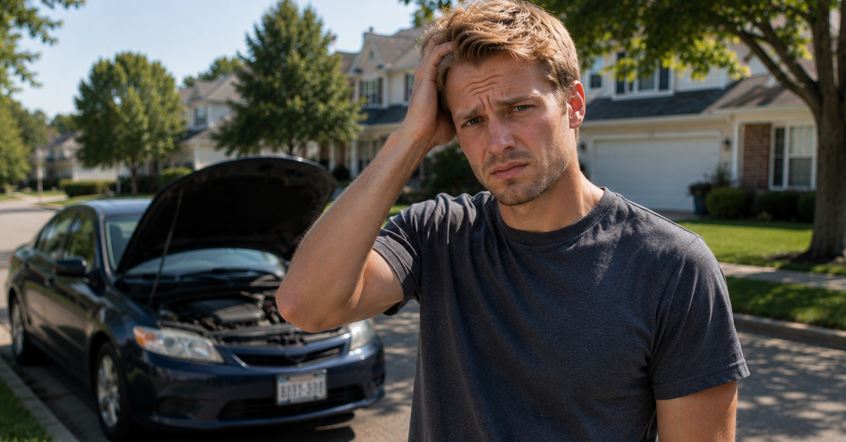 Blonde man holding head next to broken down car