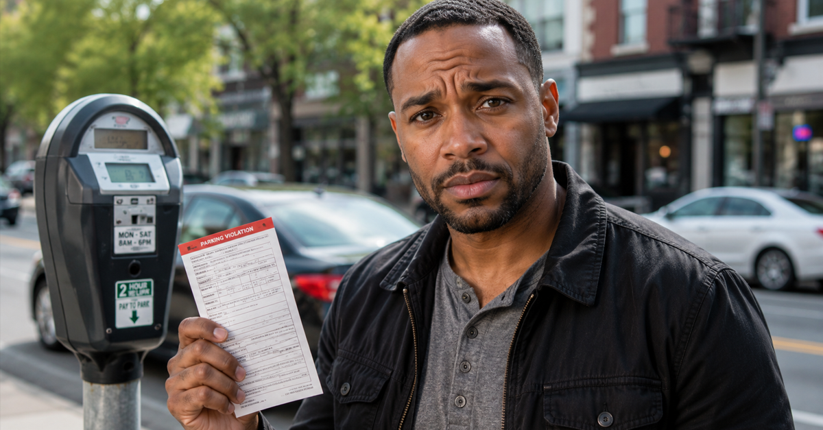 Black man holding parking ticket next to meter