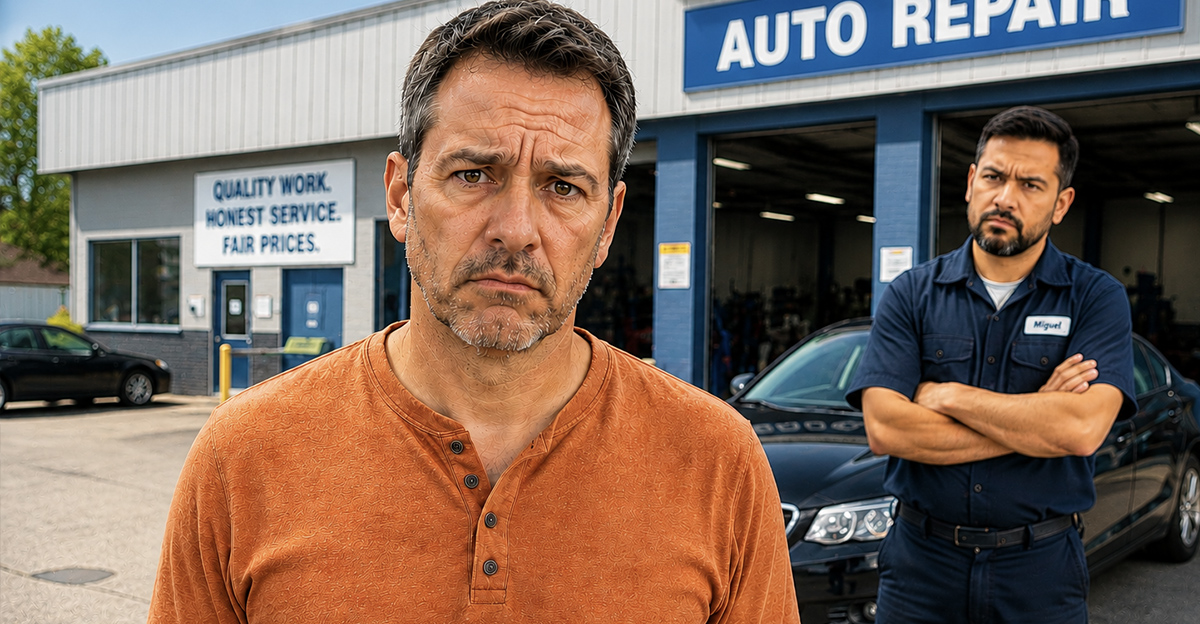 AI-generated image of a man worried about his repair bill being higher than the estimate.