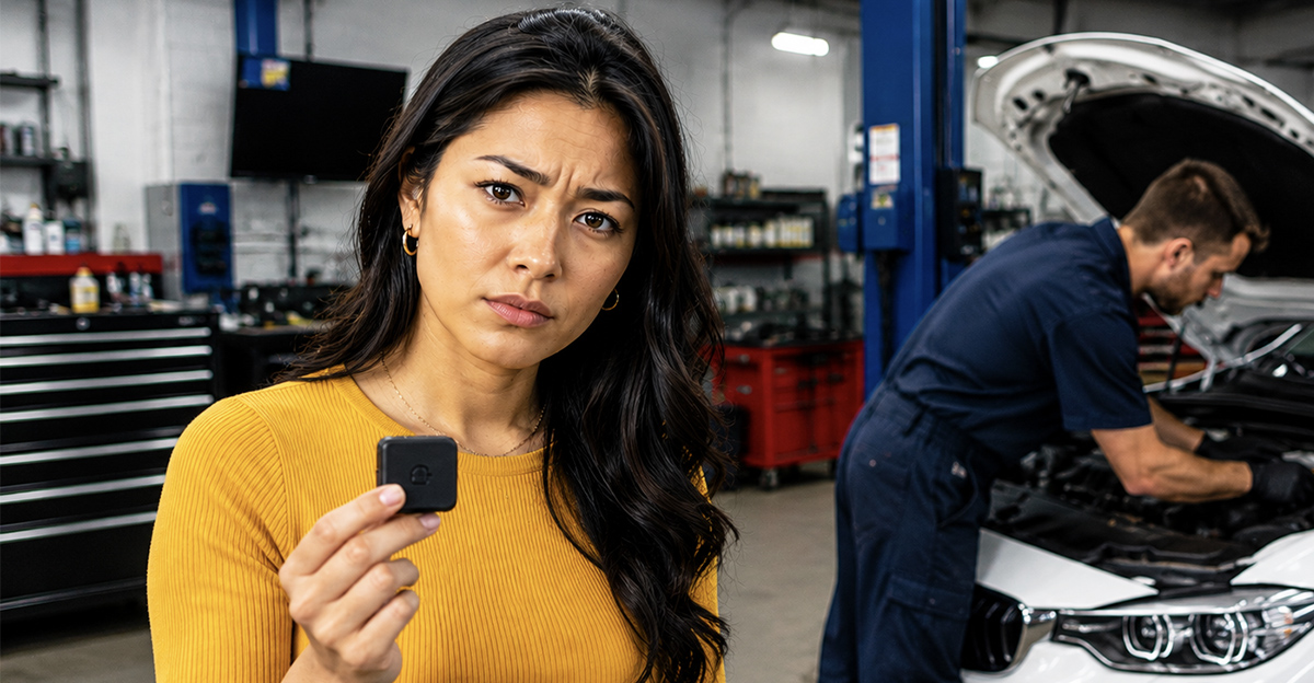 AI-generated image of a woman worried about finding a tracking device in her car.