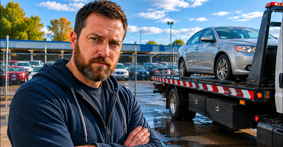 Bearded man standing in front of towing company