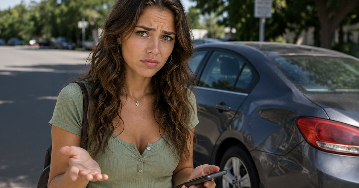 Brunette woman concerned with dent in car
