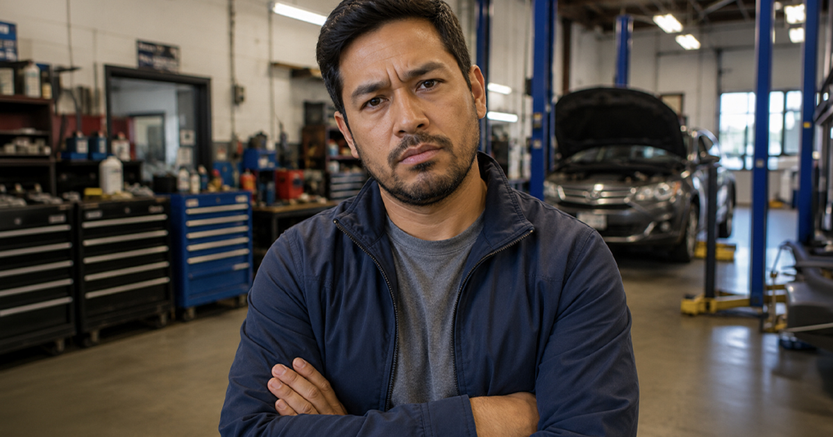 Annoyed man in a navy blue sweater standing in a mechanic shop