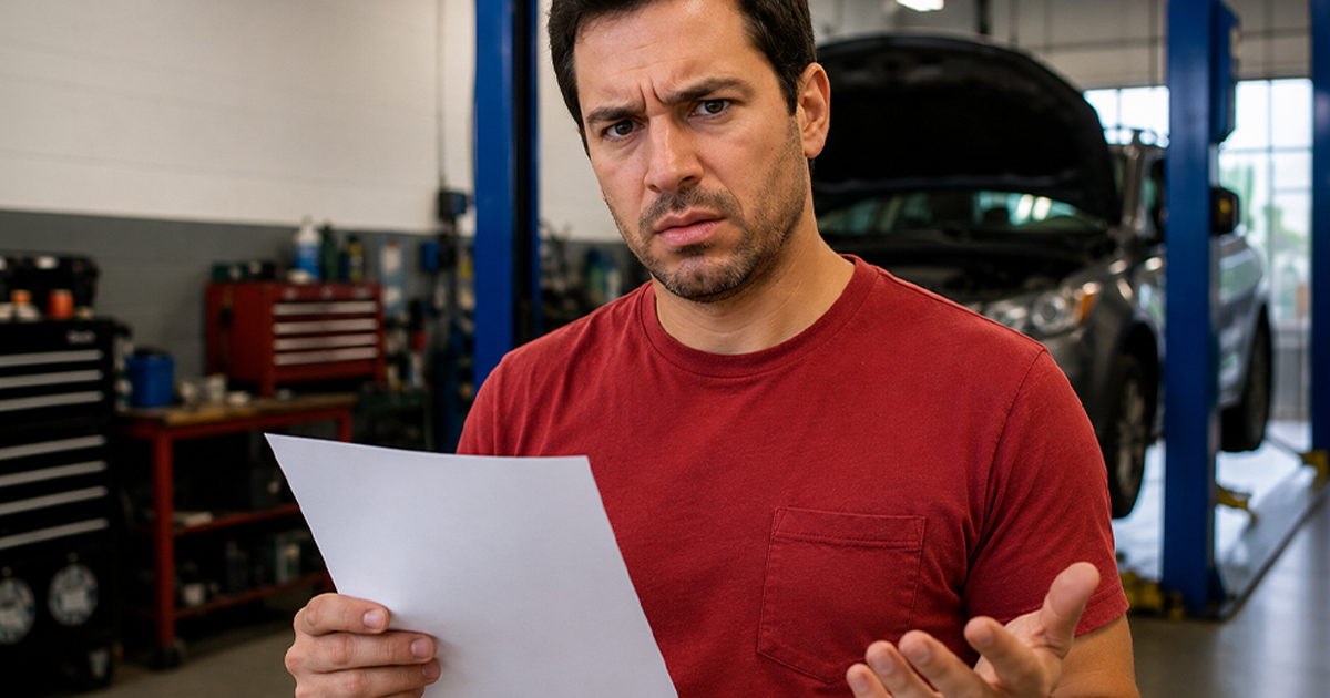 Man in a red shirt confused at mechanic bill
