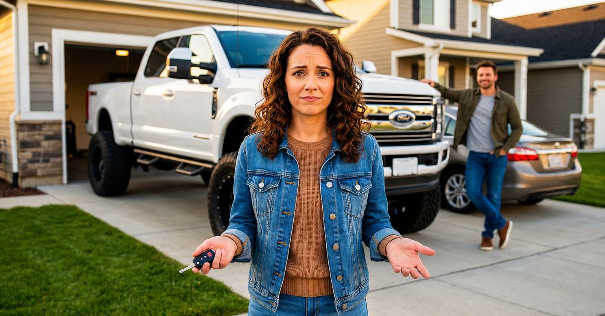 nervous woman standing in front of a lifted pickup truck