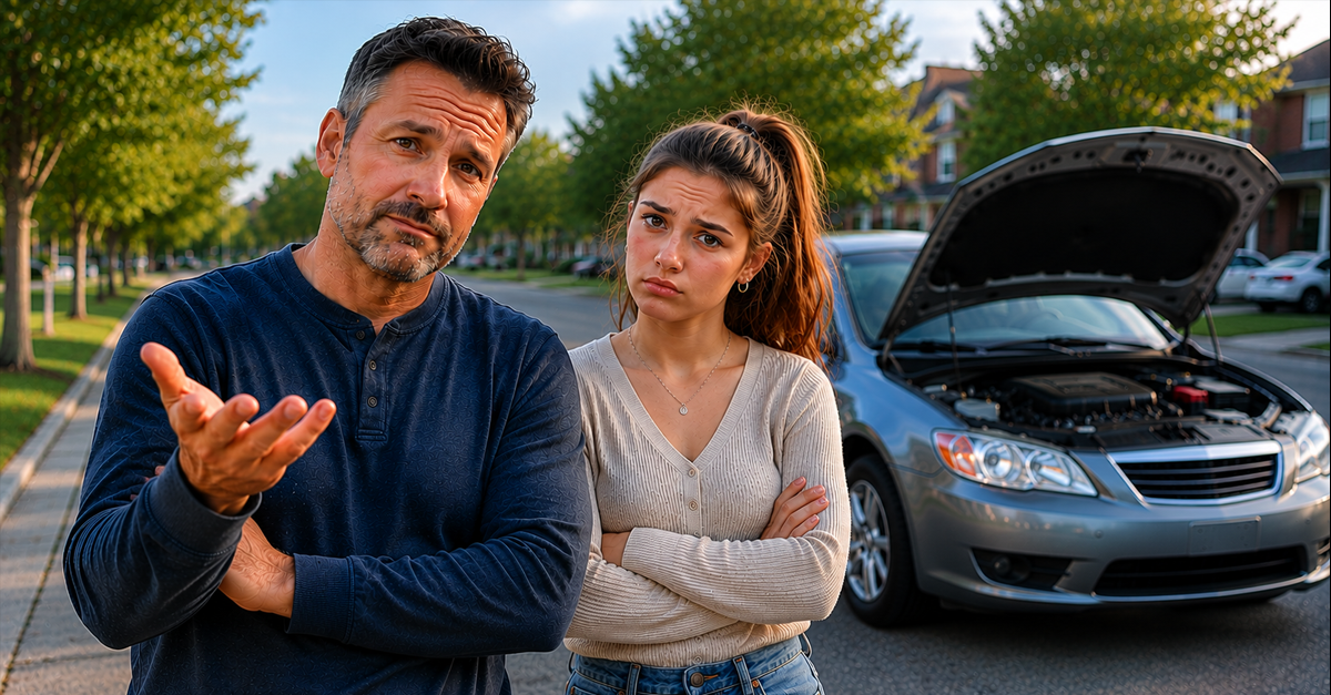 White man and adult daughter standing beside broken down car