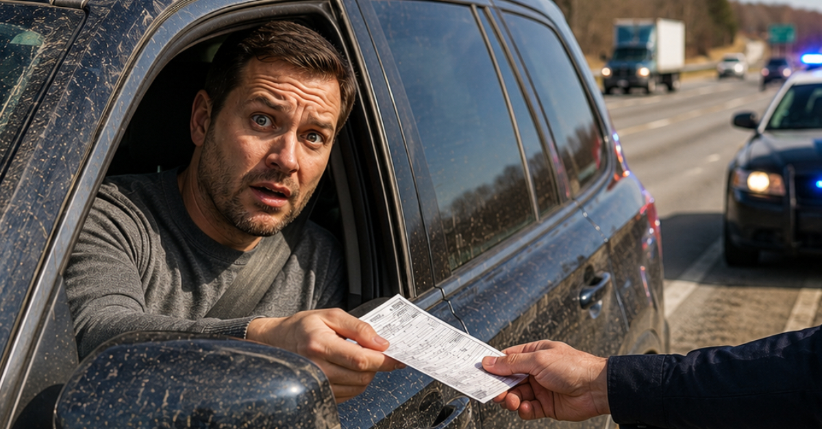 man in dirty car getting ticket