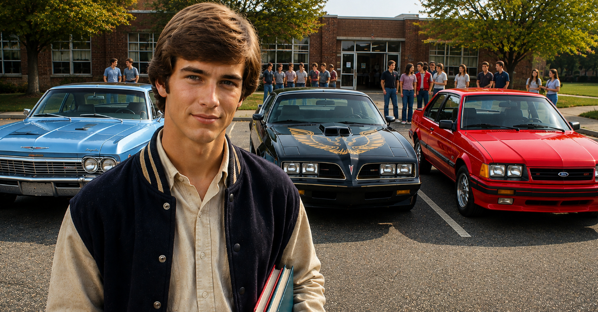 1960s high school male, 3 classic cars