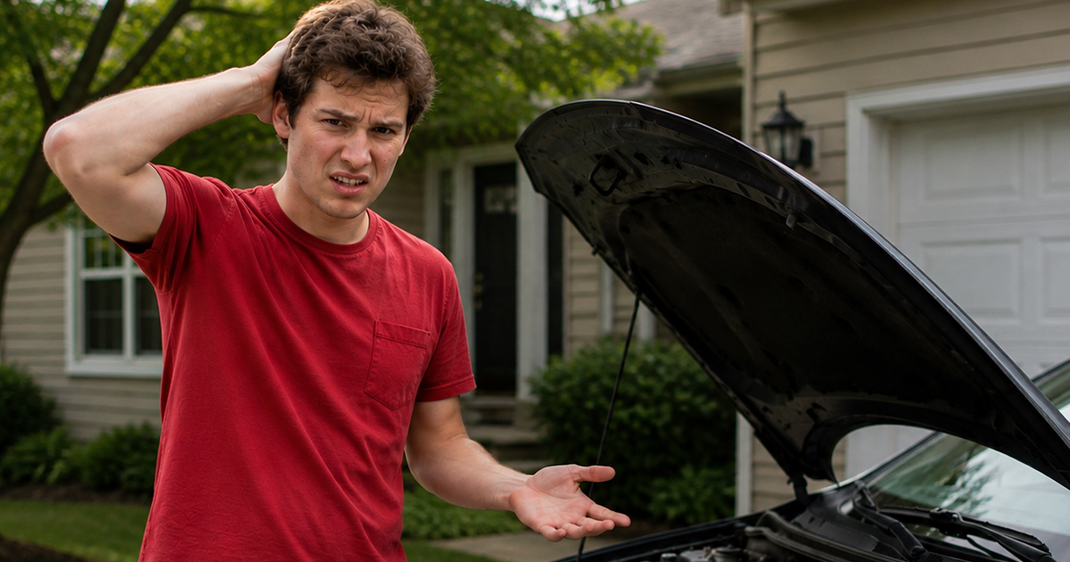 A confused man in a red shirt having car trouble.