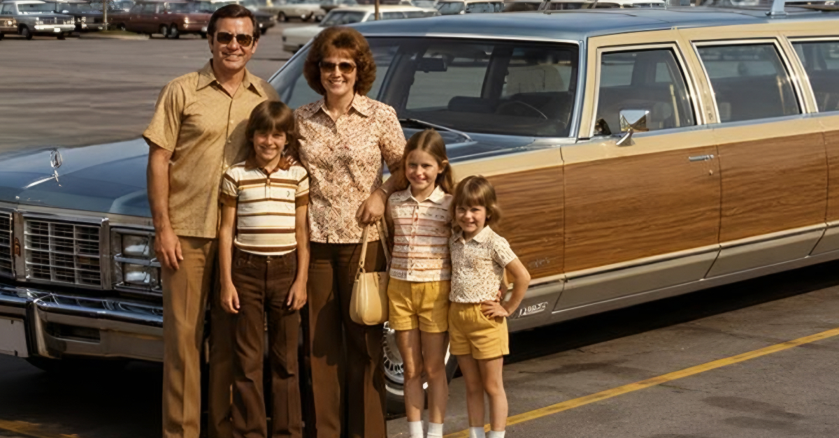 1970s family standing in front of huge car