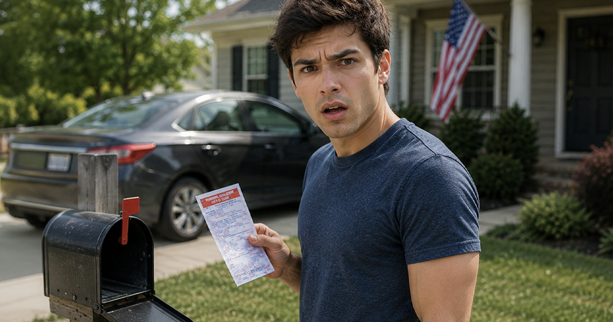 Surprised, young man getting a speeding ticket in the mail.