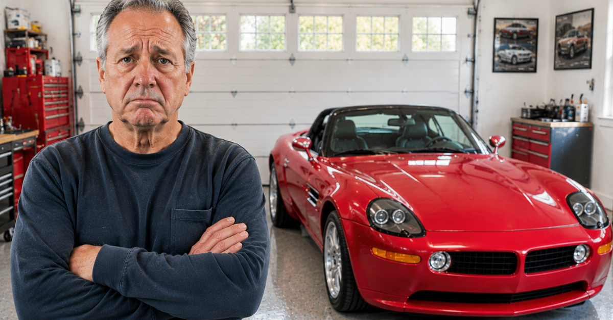 Older man in garage with red sports car