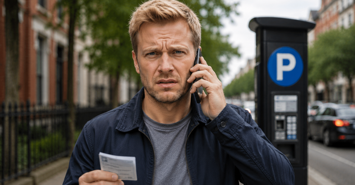 AI-generated image of a blonde man holding a phone and parking permit