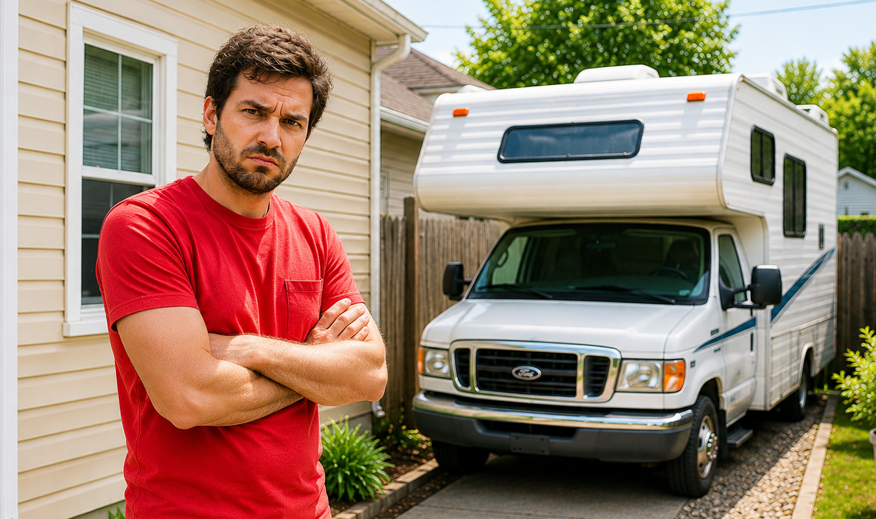 Ai-generated image of a man worried about a fine for parking his RV next to his house.
