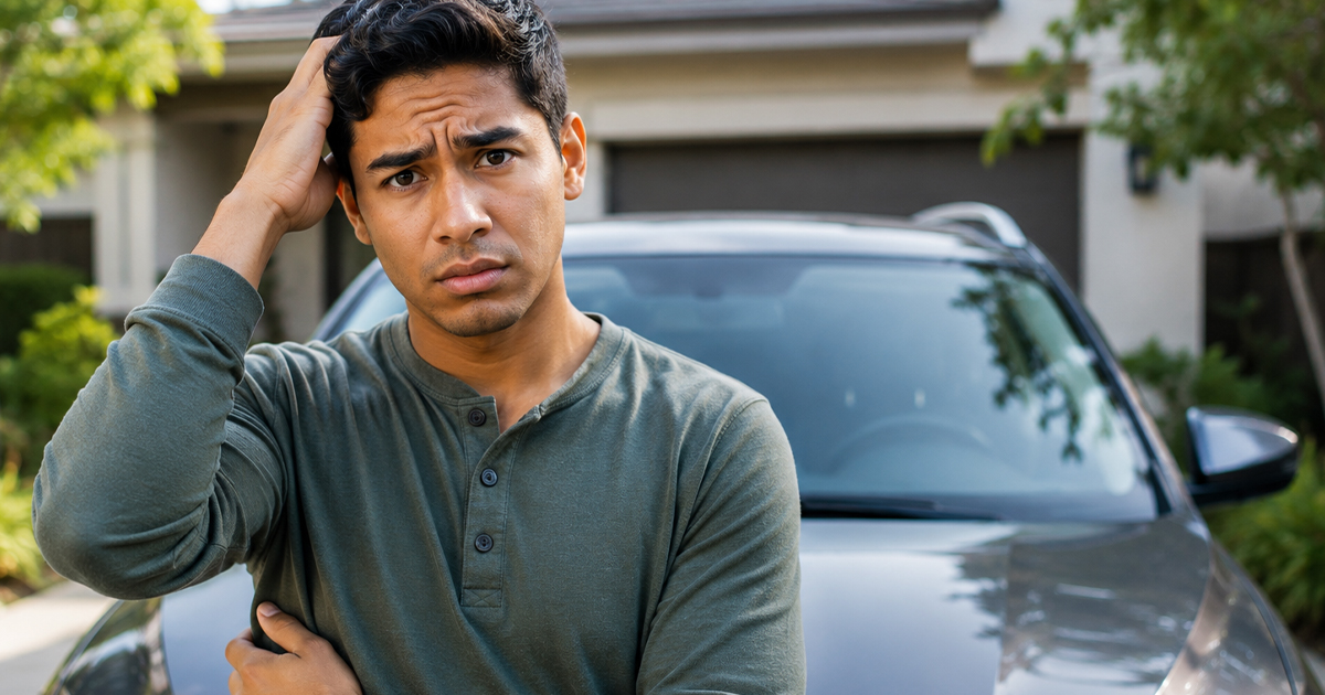 Young confused man leaning against a car