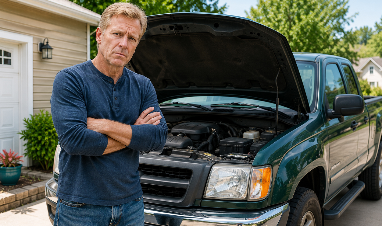AI-generated image of a man worried about a dealership GPS tracking device in his truck.