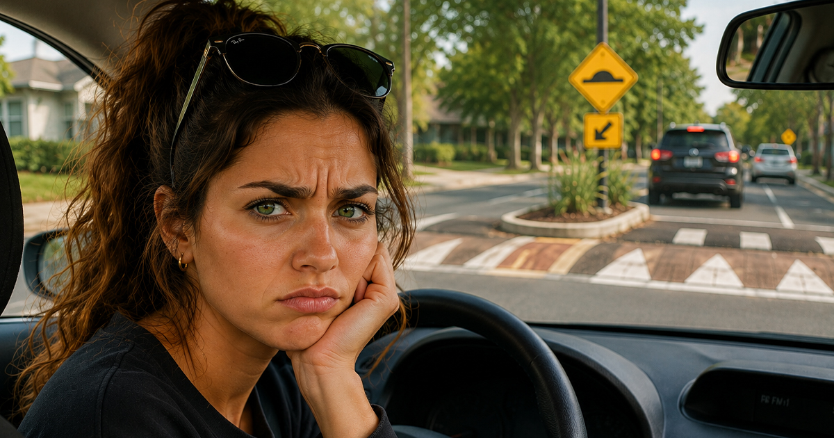Annoyed brunette woman sitting in her car