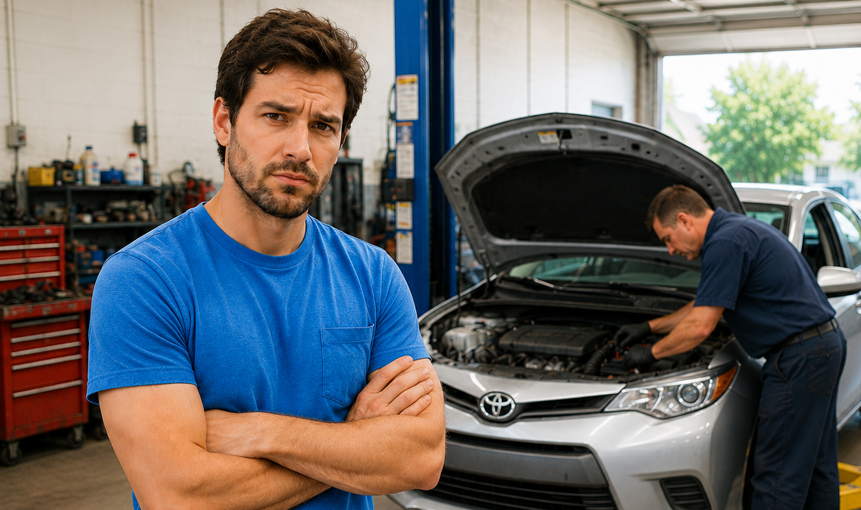 AI-generated image of a man worried about repairs after buying fleet car.