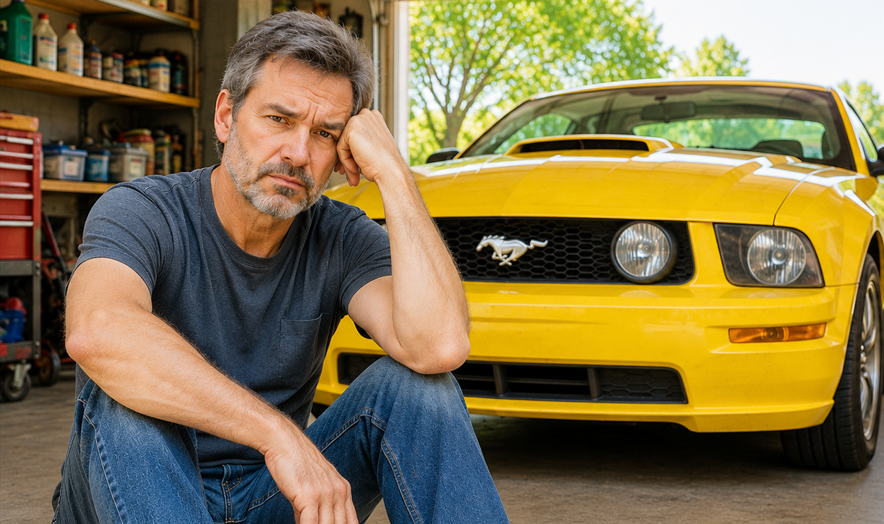 AI-generated image of a man worried about repairs for his parked car.