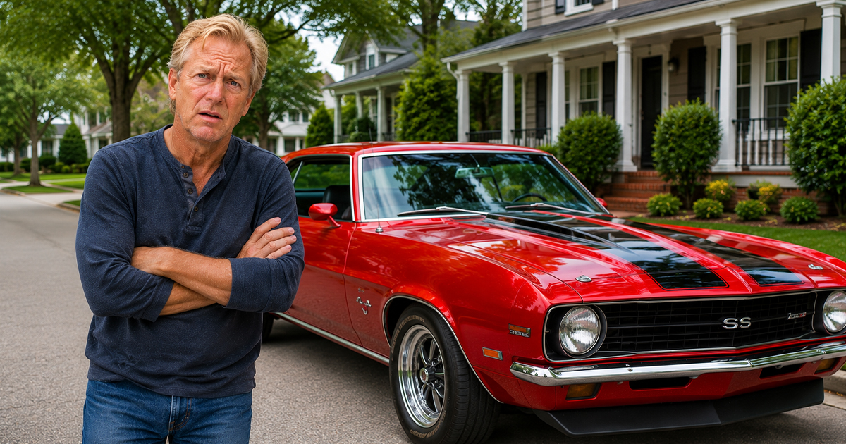 Confused man standing in front of a muscle car