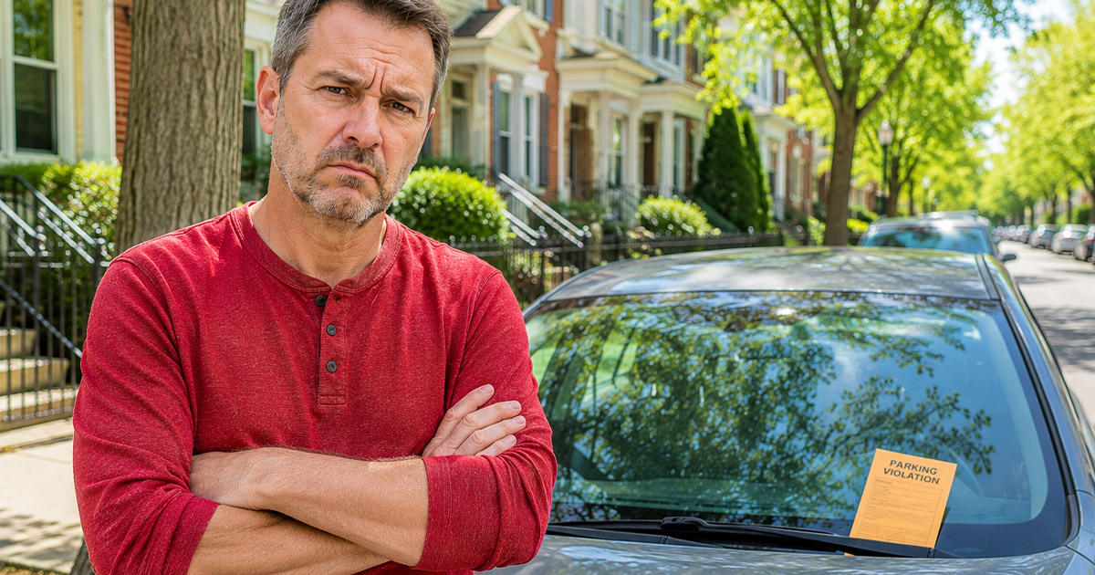 Man with arms crossed standing in front of ticketed car