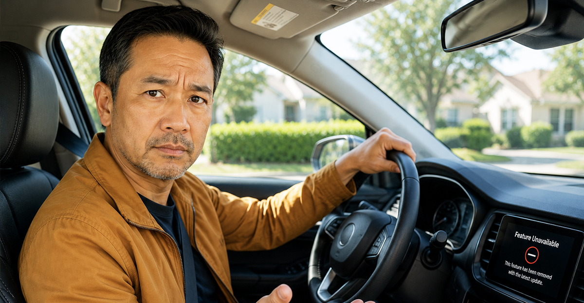 AI-generated image of a man worried about an over-the-air update changing his car software.