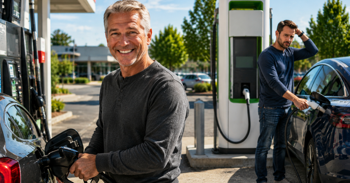man putting gas in car, man charging EV