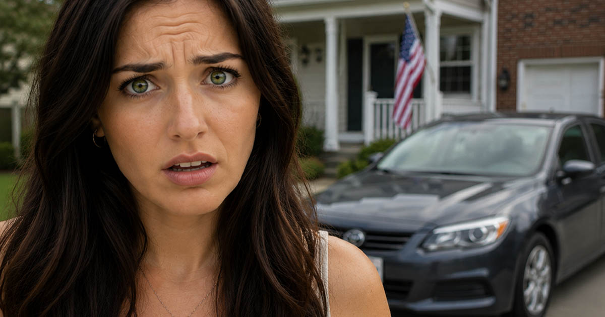 Confused woman with a car in the background