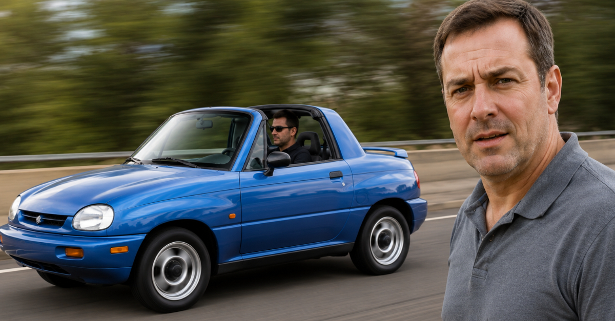 Suzuki X-90 going by fact, man forground look at camera