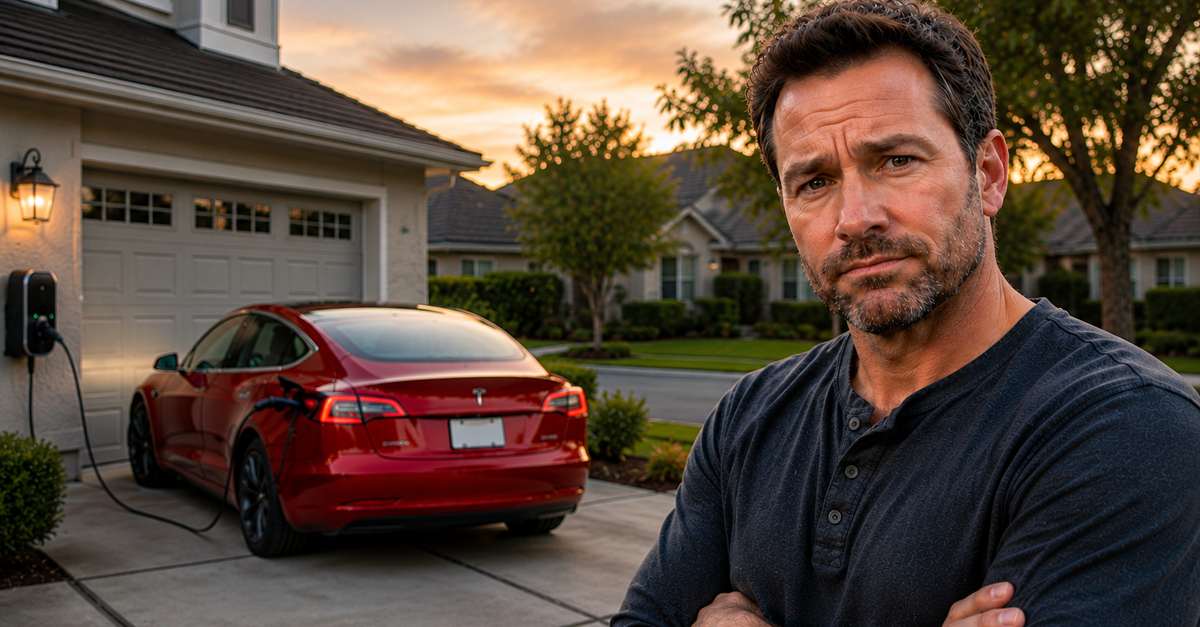 Man with arms crossed standing in front of charging EV