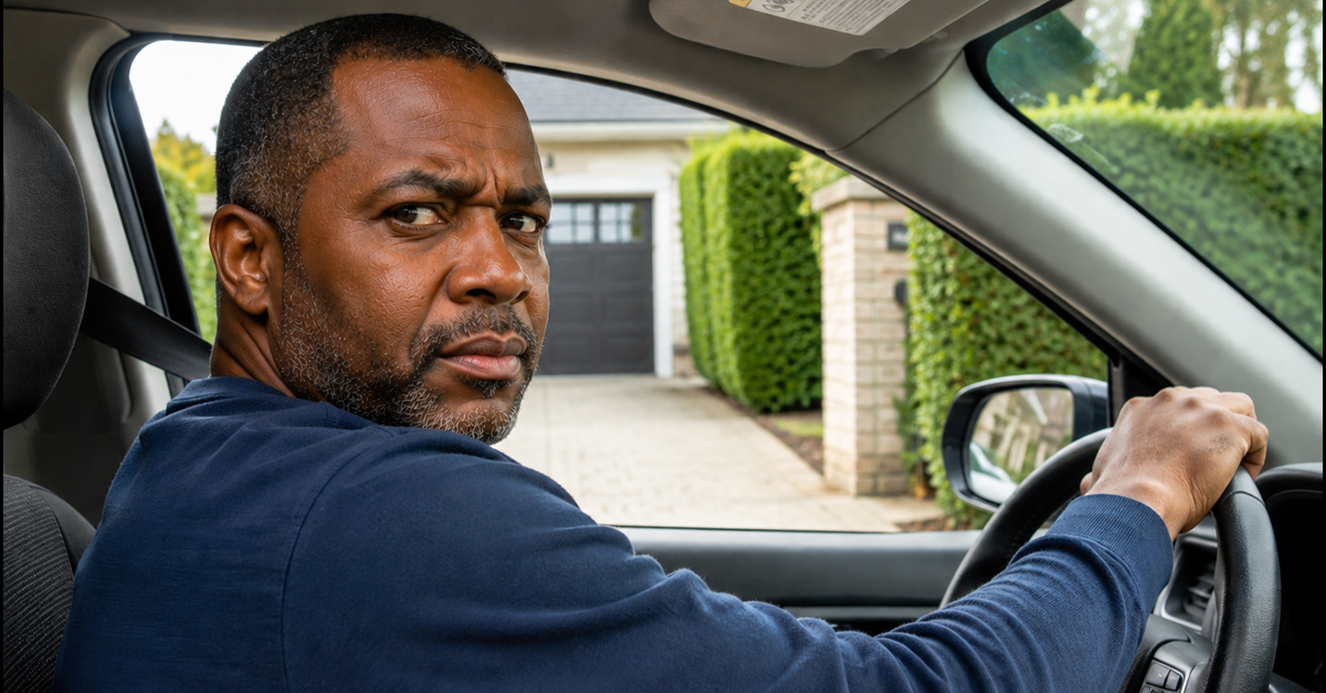 AI-generated image of Black man driving car, looking frustrated