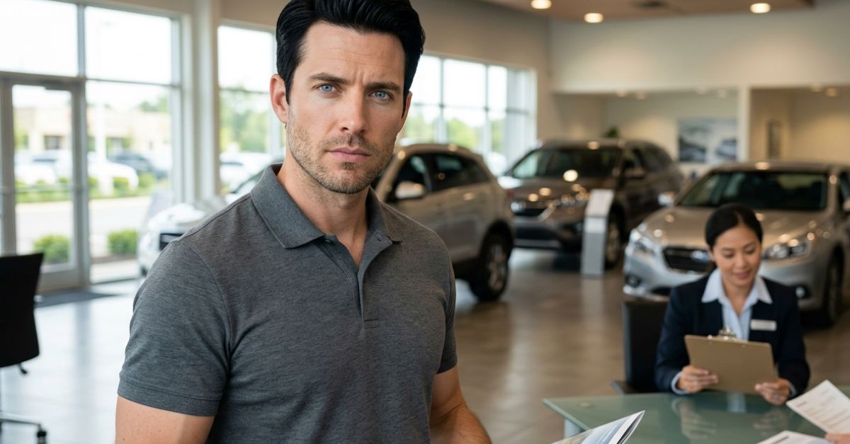 confused man in car dealership, thinking of options