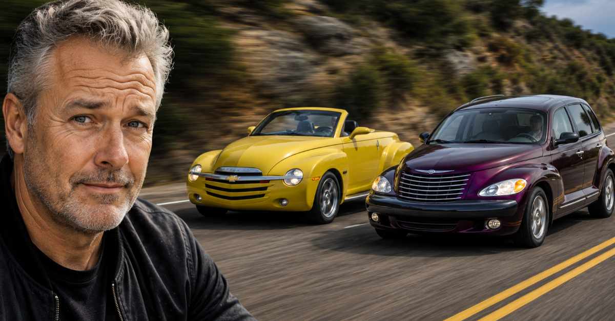 Man looking at camera, 2 cars driving fast