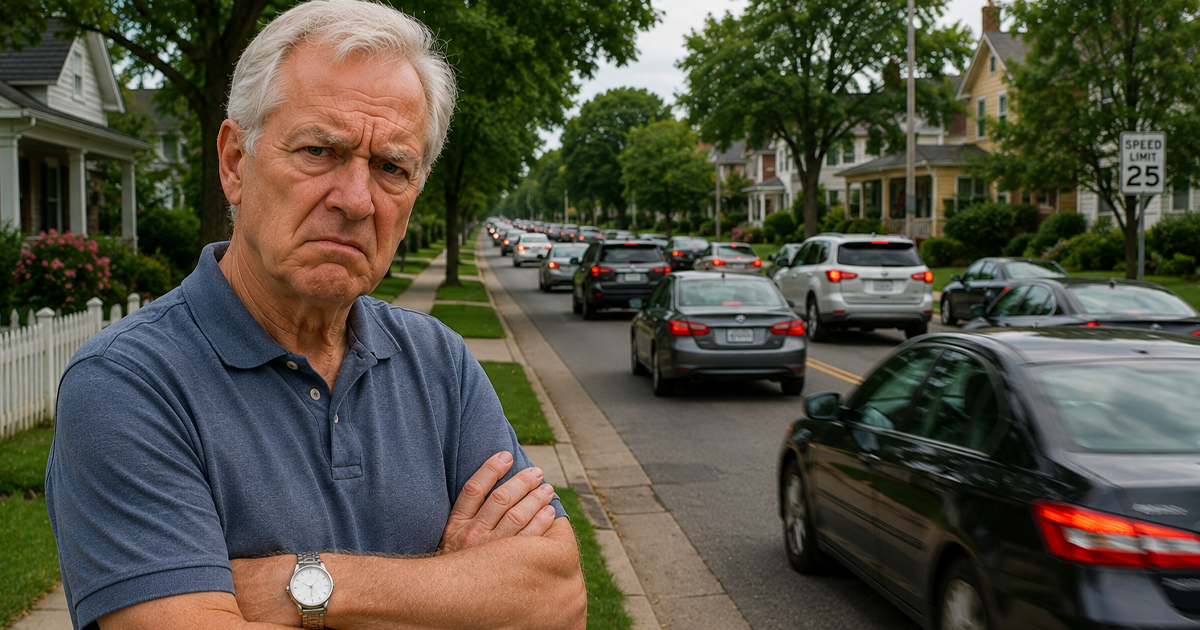 An annoyed older man standing beside a busy street