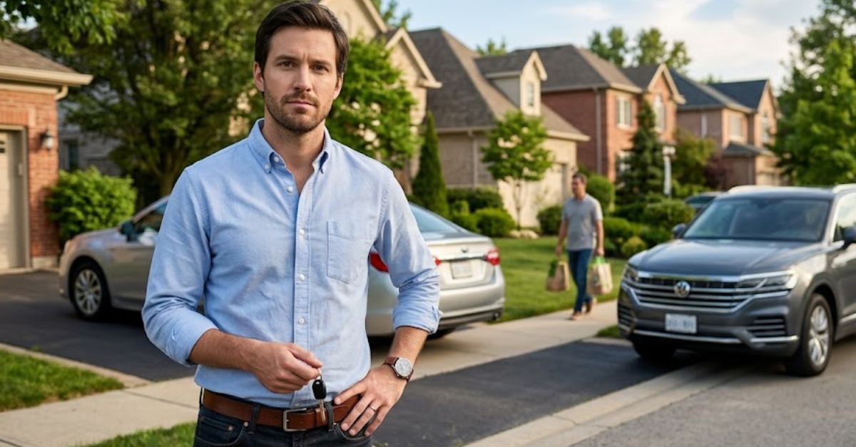 hopeless man standing on street with cars in background