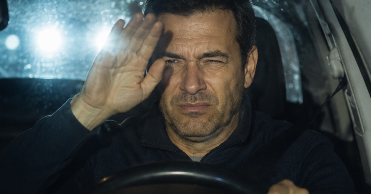 Man driving in the dark, getting blinded by another car's high beams.