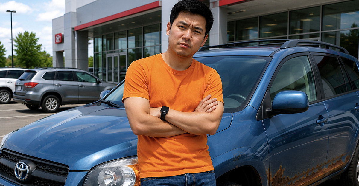 AI-generated image of a man outside his dealership after being denied a recall because his car is too rusted.