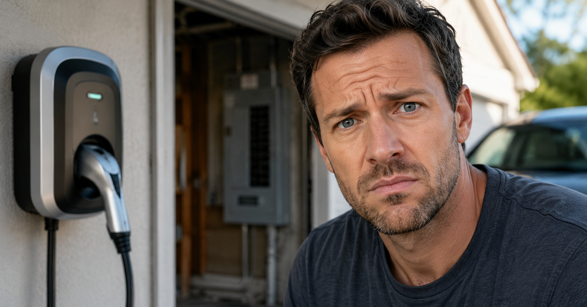 Concerned man with home EV charger
