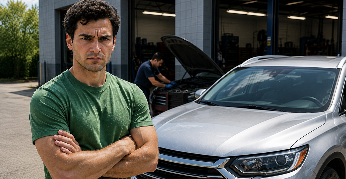AI-generated image of a man worried about his windshield replacement and safety calibration.