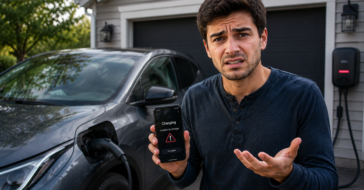 Man standing beside EV with dead battery