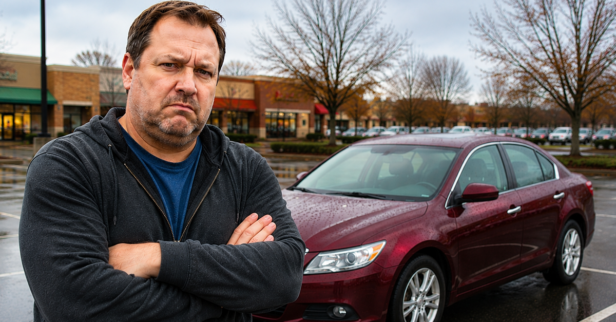 Man standing in parking lot next to red car