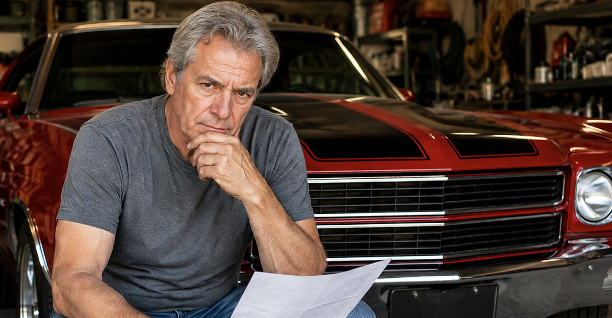 AI-generated image of a man trying to insure his classic car.