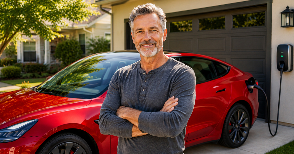 Happy man in front of electric car