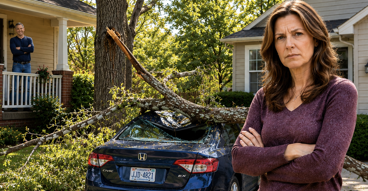 AI-generated image of a woman worried about tree damage to her car.