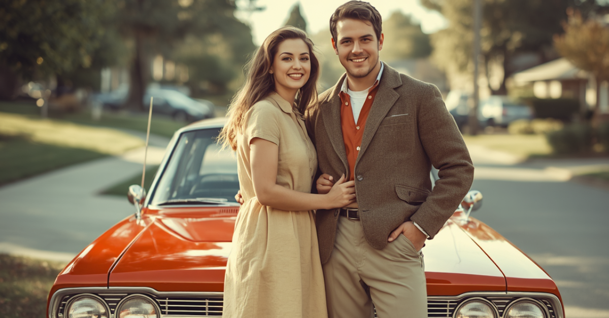 1960s couple standing in front of Plymouth